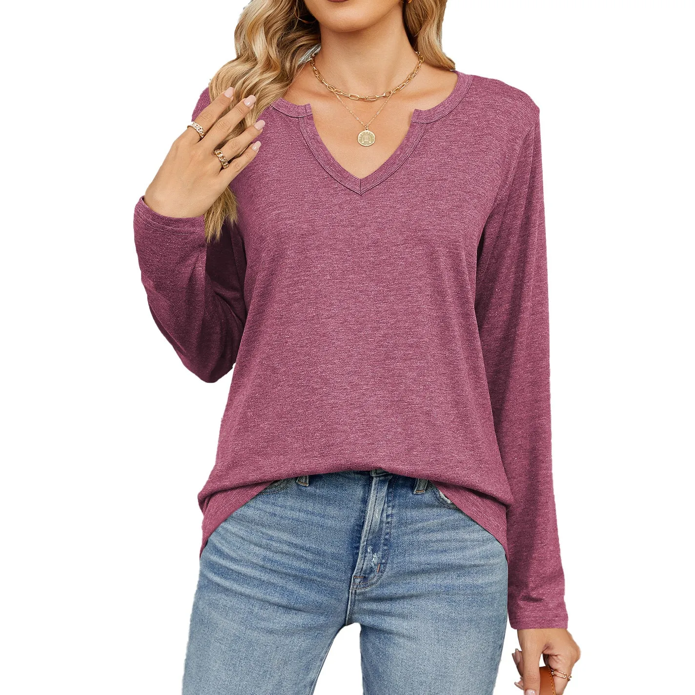 Autumn and Winter V-neck Long-sleeved Loose T-shirt Solid Color Women's Top