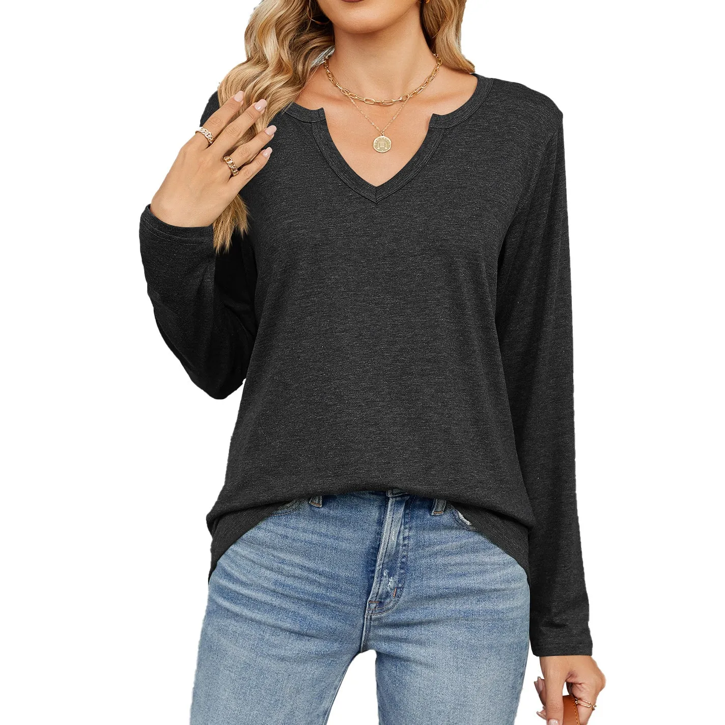Autumn and Winter V-neck Long-sleeved Loose T-shirt Solid Color Women's Top