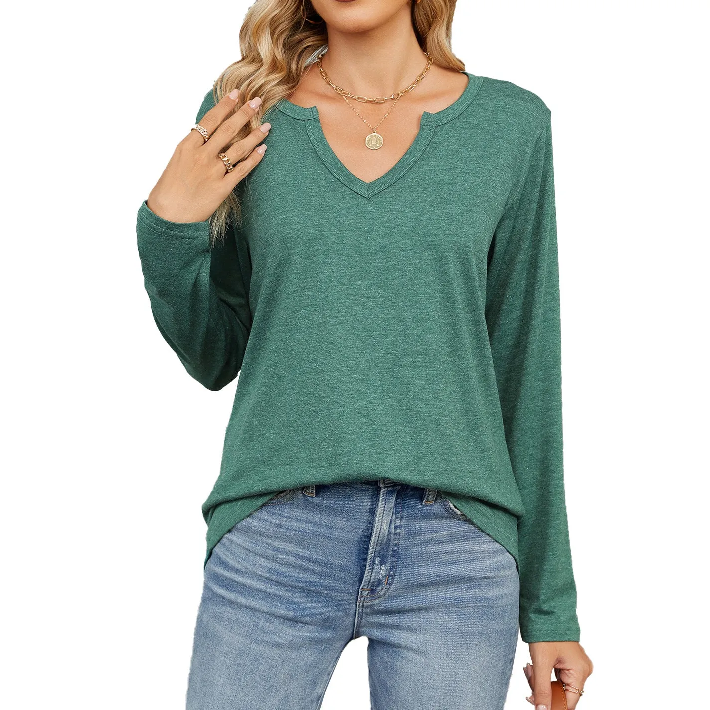 Autumn and Winter V-neck Long-sleeved Loose T-shirt Solid Color Women's Top