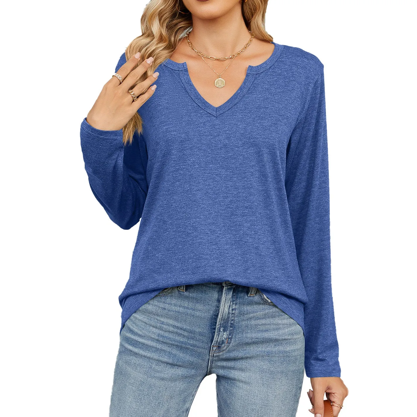 Autumn and Winter V-neck Long-sleeved Loose T-shirt Solid Color Women's Top