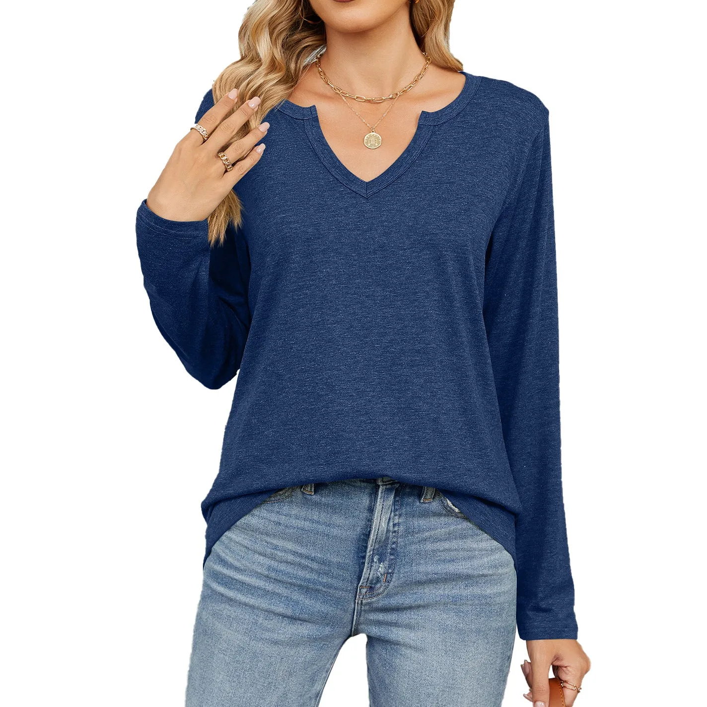 Autumn and Winter V-neck Long-sleeved Loose T-shirt Solid Color Women's Top