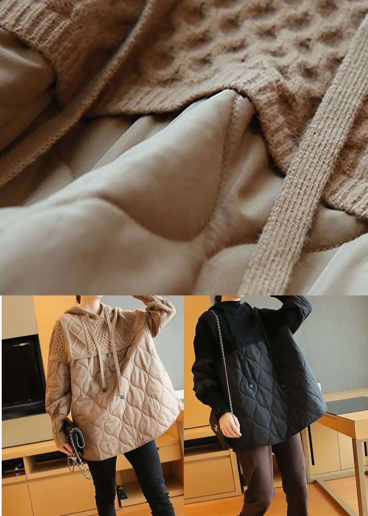 Boho Khaki Oversized Patchwork Knit Sweatshirts Top Spring LY1443