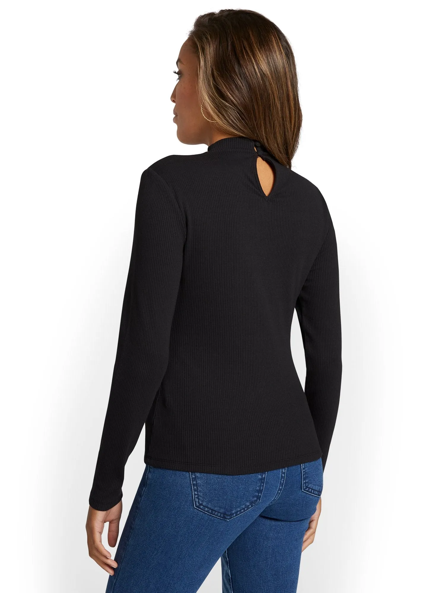 Chain-Accent Ribbed Mock-Neck Top