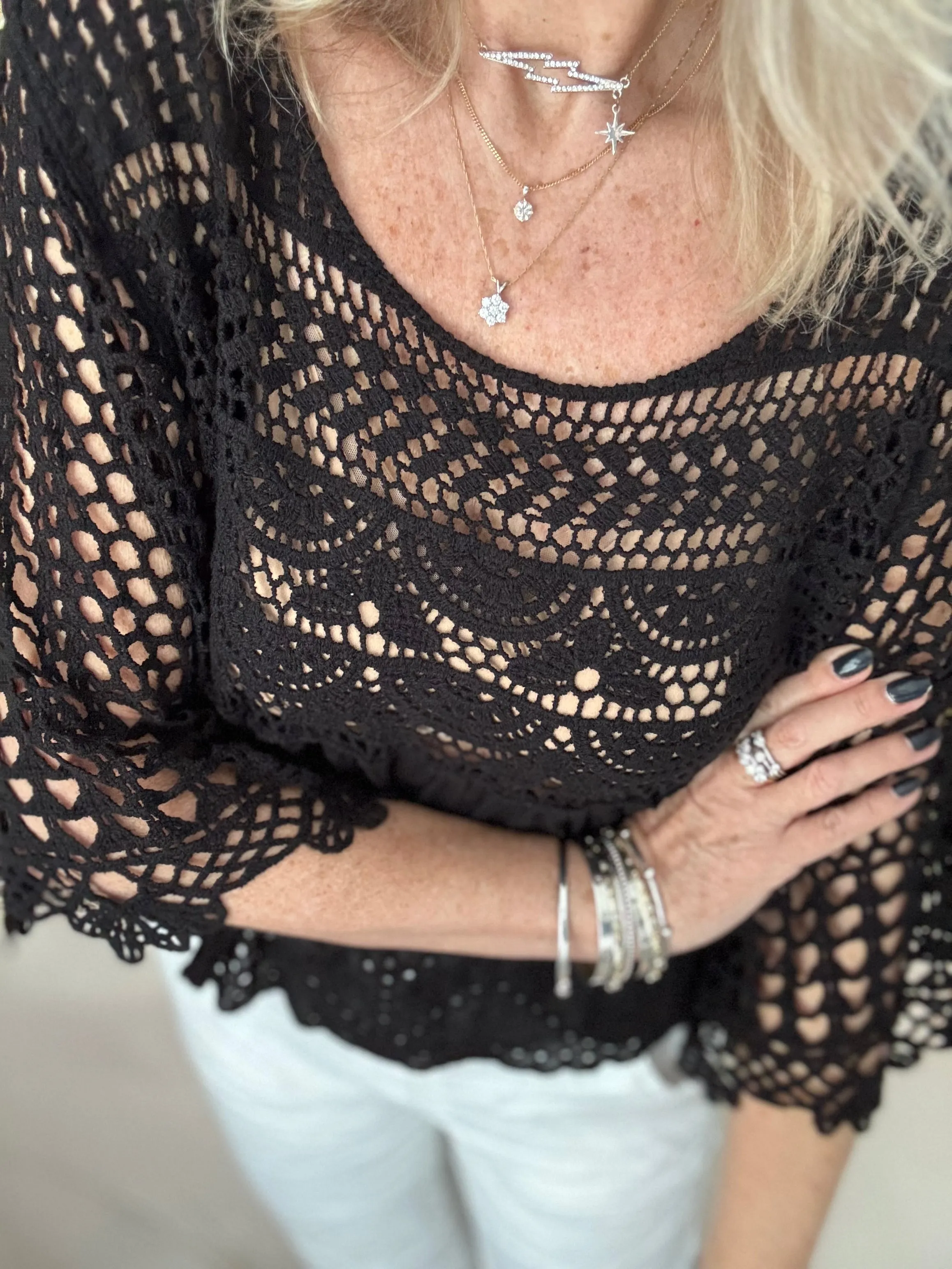 Crochet Scoop Neck Top in Black