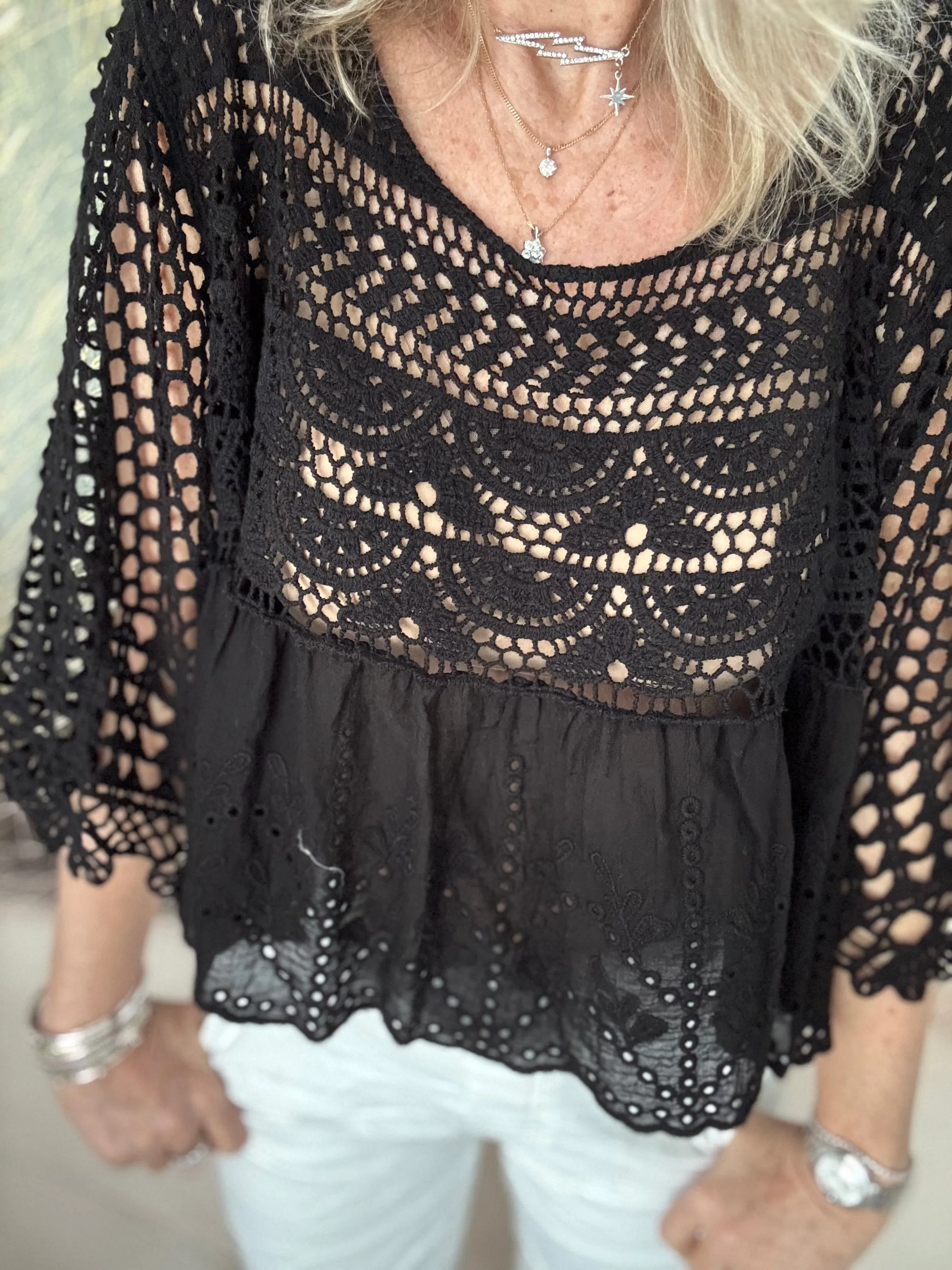 Crochet Scoop Neck Top in Black
