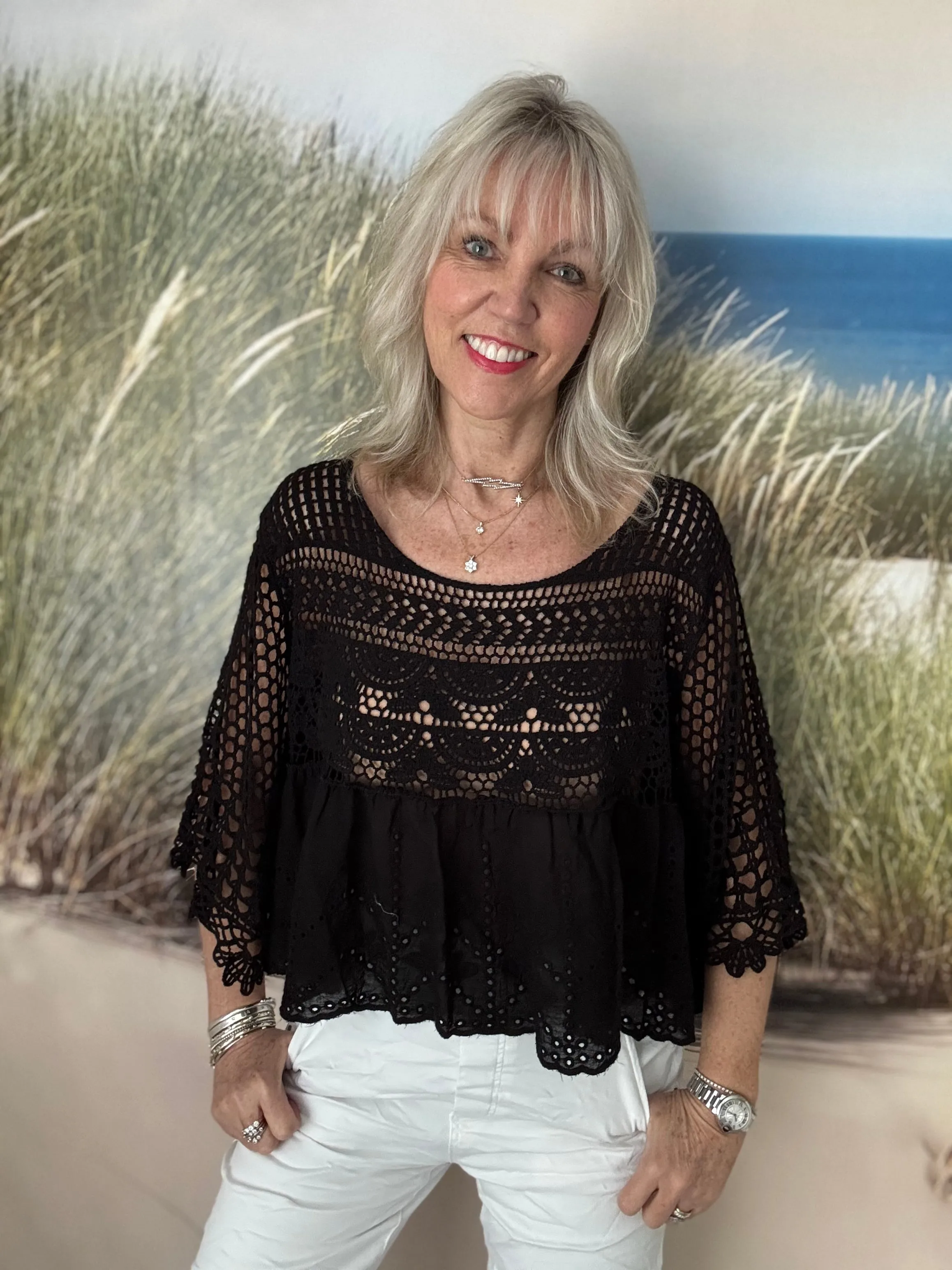 Crochet Scoop Neck Top in Black