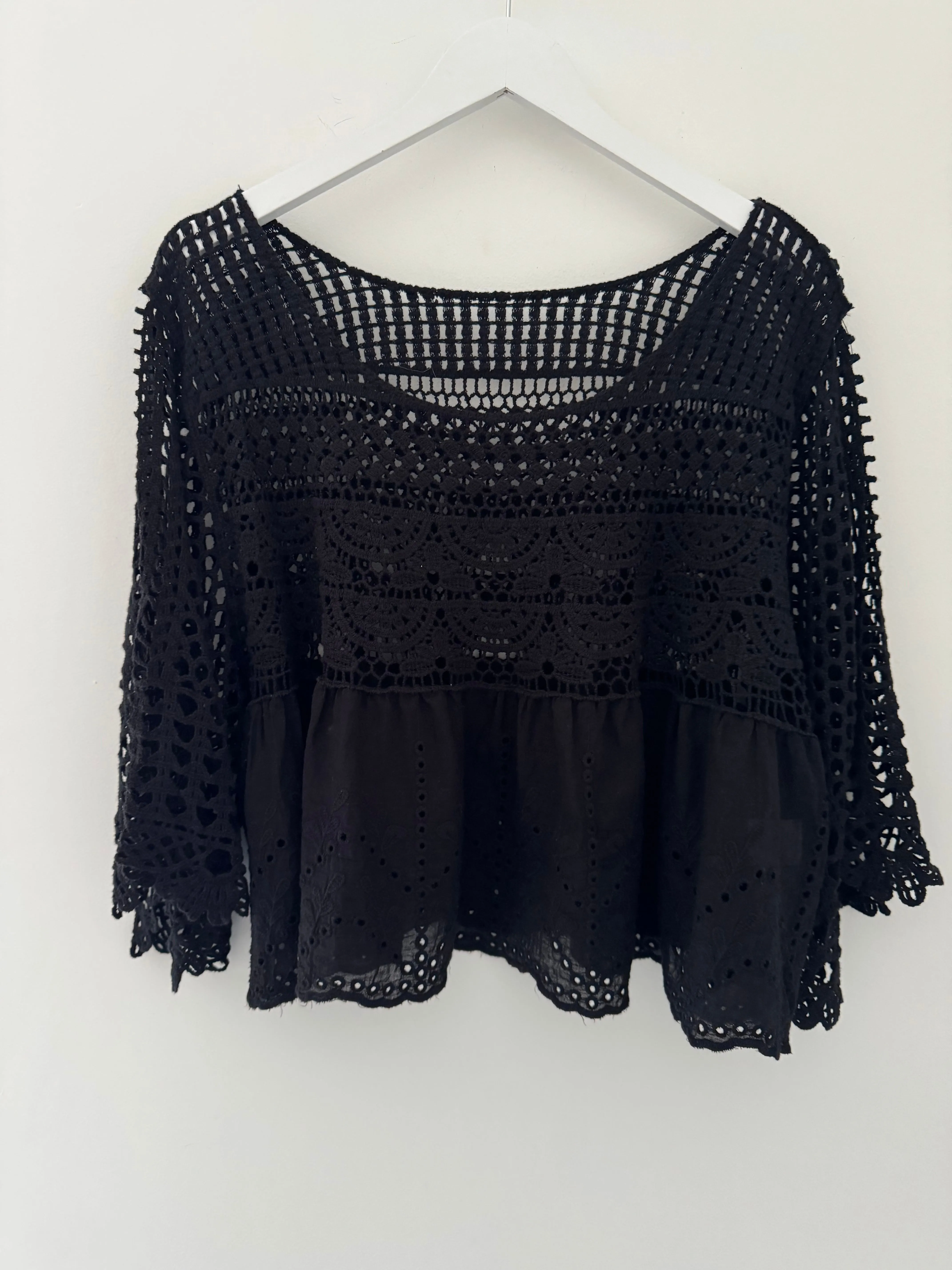 Crochet Scoop Neck Top in Black