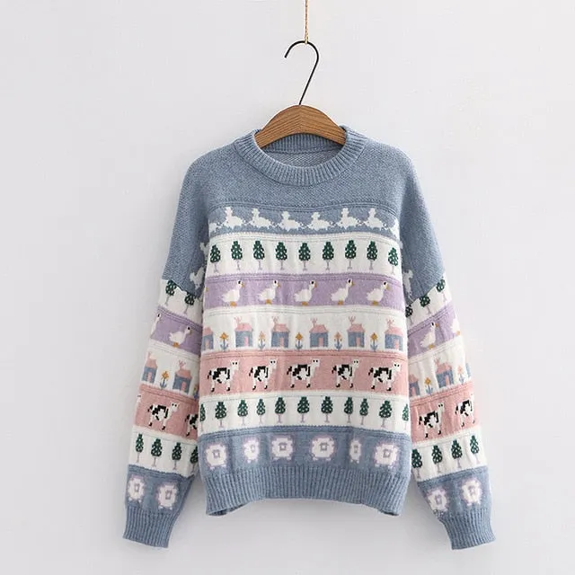 Cute Cow Cartoon Sweater Sweet Style Knitted