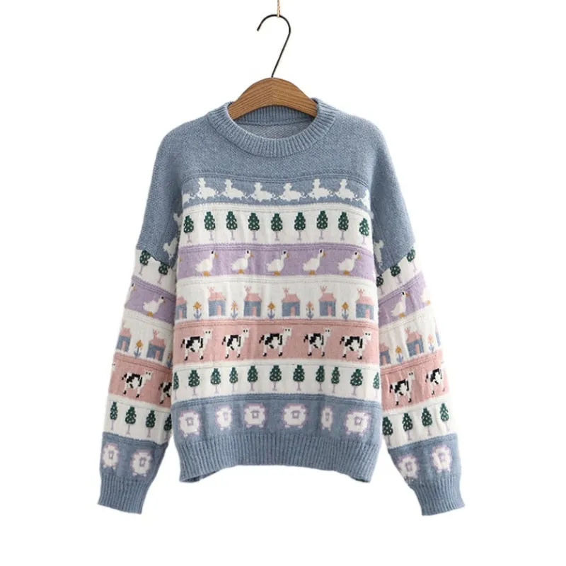 Cute Cow Cartoon Sweater Sweet Style Knitted
