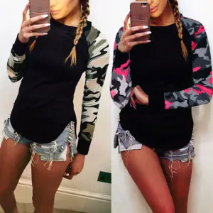 Fashion Camouflage Splicing Printing Irregular Hem Sweatshirt