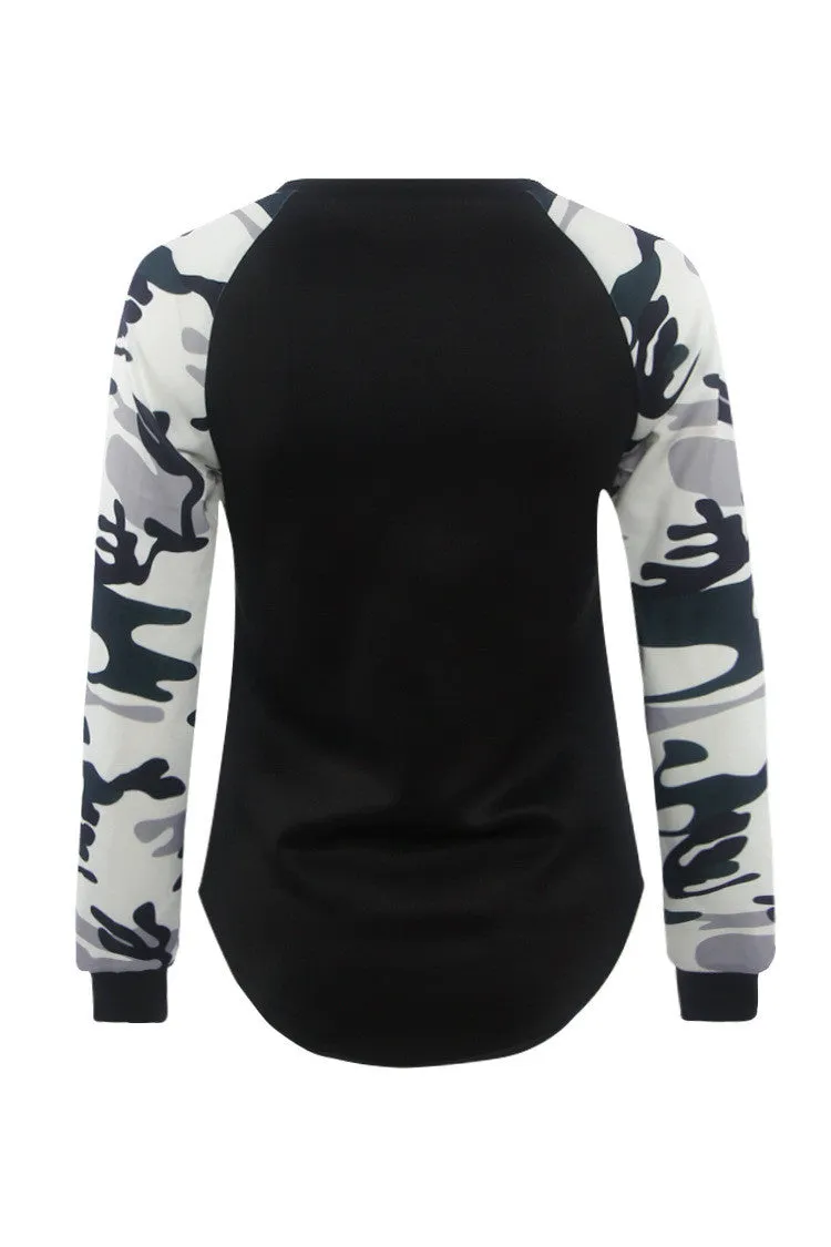 Fashion Camouflage Splicing Printing Irregular Hem Sweatshirt
