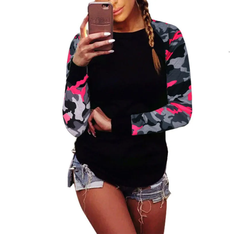 Fashion Camouflage Splicing Printing Irregular Hem Sweatshirt