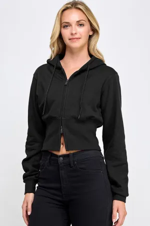 FLEECE RELAX FIT CROPPED TWO WAY ZIP UP HOODIE