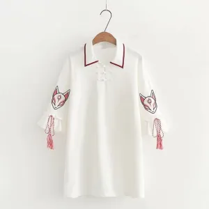 Fox Mask Embroidery Tassels Frogging Polo Dress mp006256
