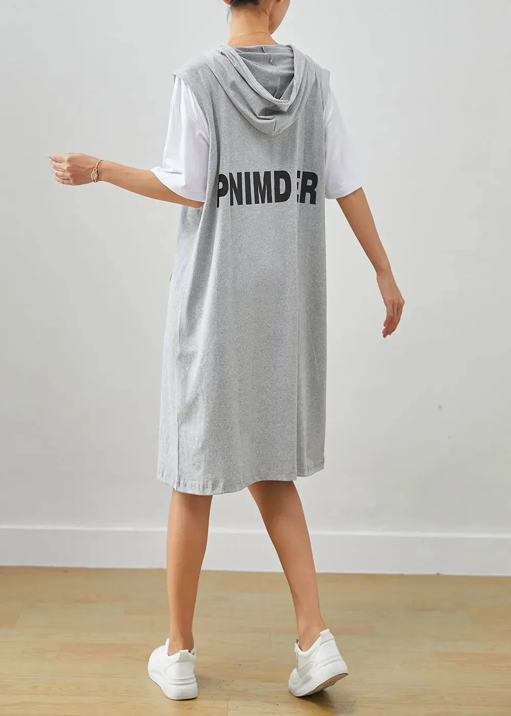 Grey Patchwork Cotton Fake Two Piece Sweatshirts Dress Drawstring Summer ML3265