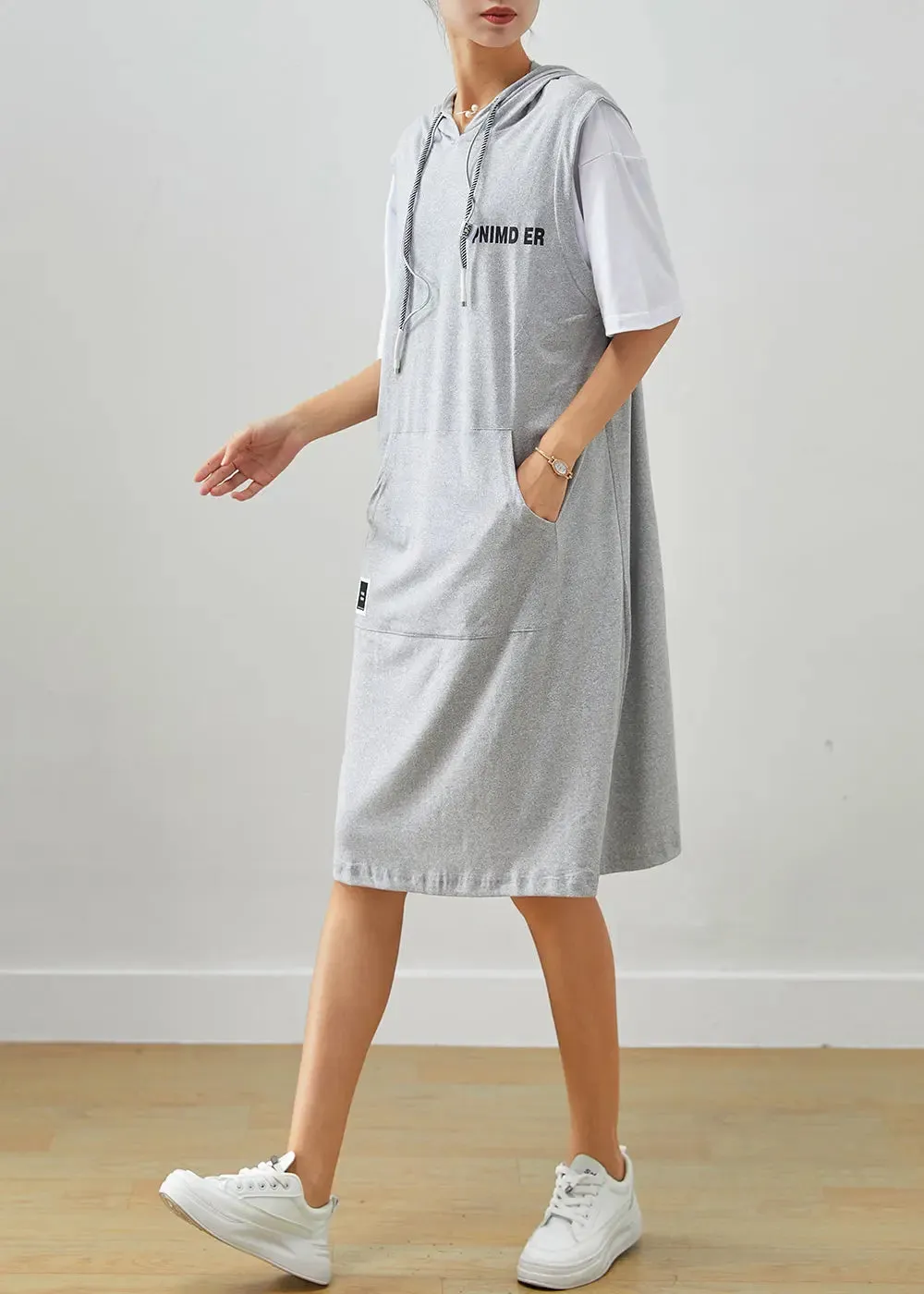 Grey Patchwork Cotton Fake Two Piece Sweatshirts Dress Drawstring Summer ML3265