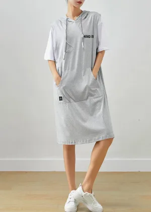 Grey Patchwork Cotton Fake Two Piece Sweatshirts Dress Drawstring Summer ML3265