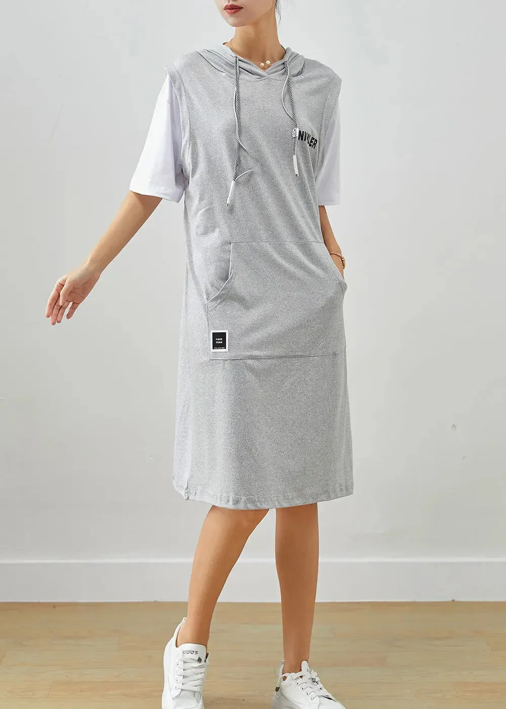 Grey Patchwork Cotton Fake Two Piece Sweatshirts Dress Drawstring Summer ML3265