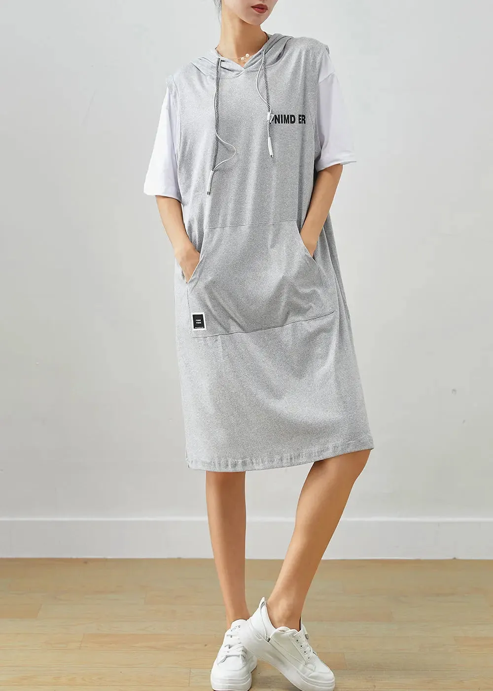 Grey Patchwork Cotton Fake Two Piece Sweatshirts Dress Drawstring Summer ML3265