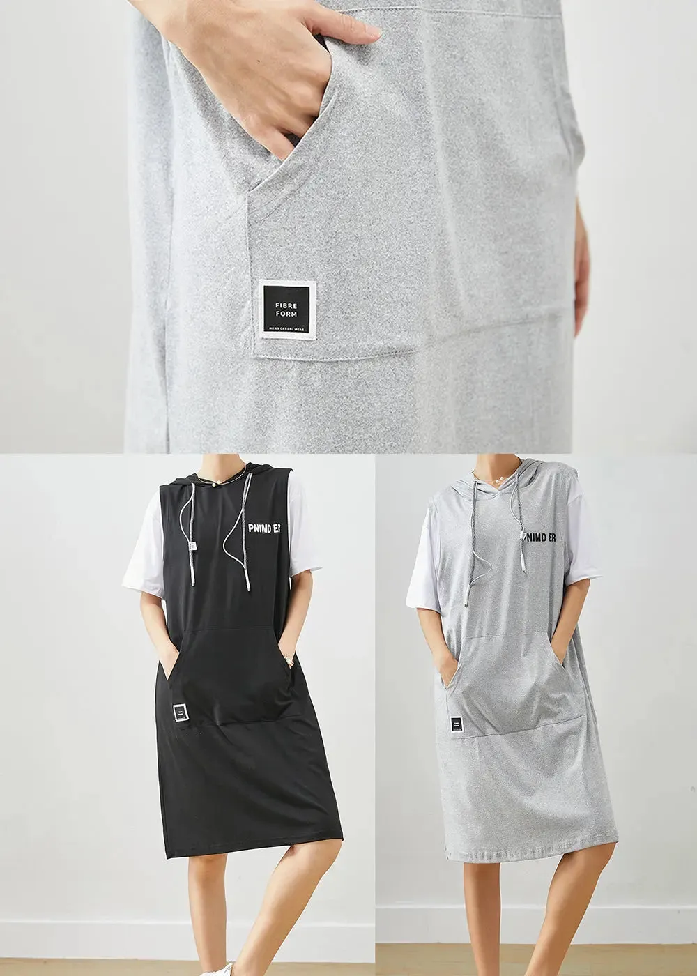 Grey Patchwork Cotton Fake Two Piece Sweatshirts Dress Drawstring Summer ML3265