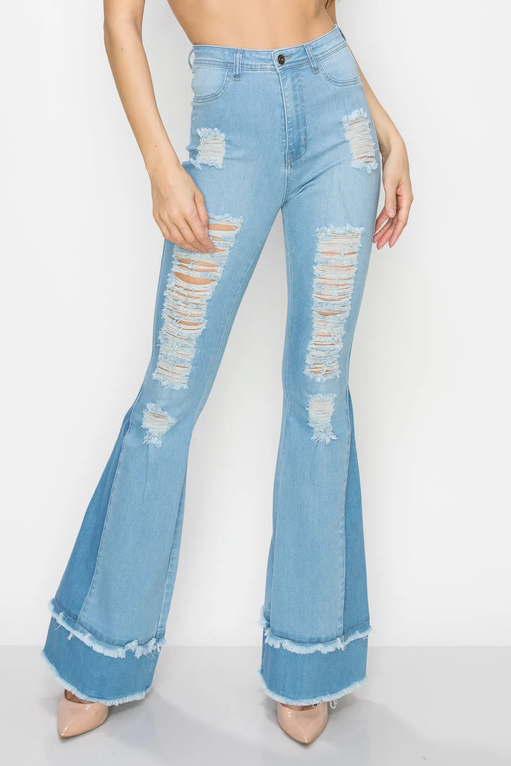 JAZZ-051 BELL BOTTOM FLARE LEG RIPPED DISTRESSED & DESTROYED JEANS