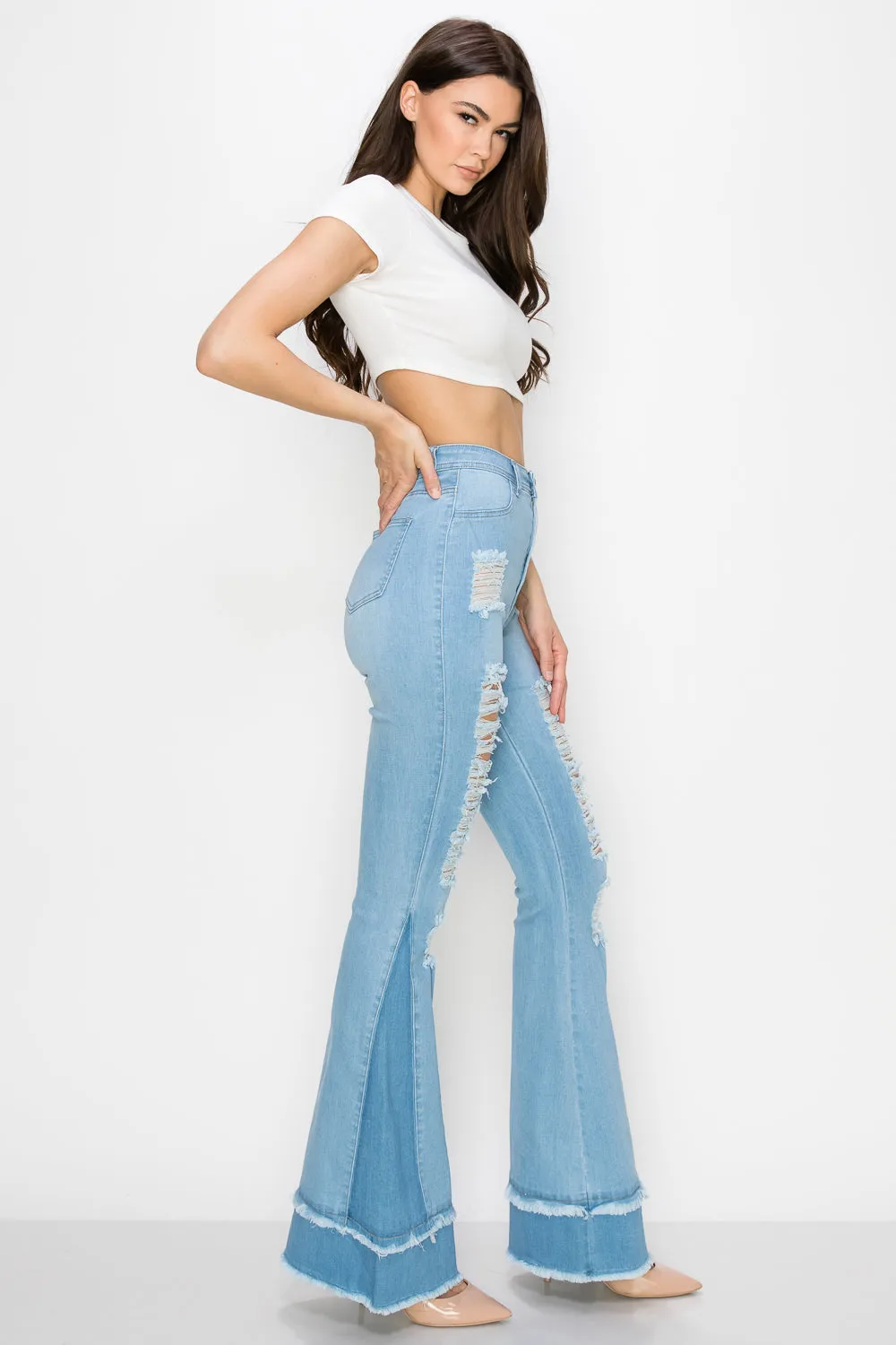 JAZZ-051 BELL BOTTOM FLARE LEG RIPPED DISTRESSED & DESTROYED JEANS
