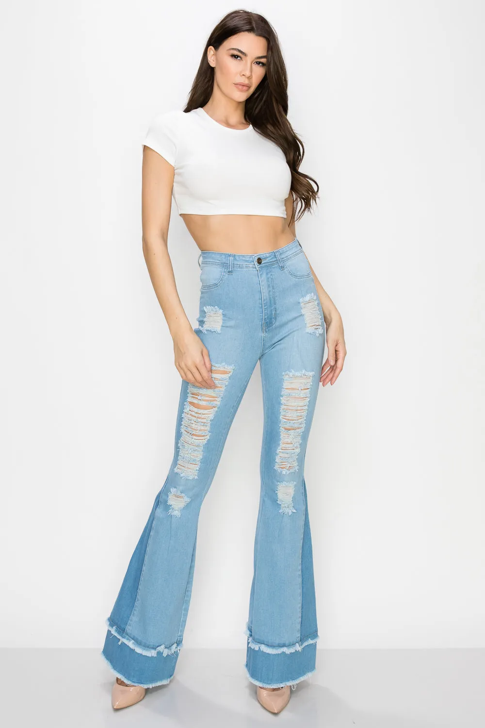 JAZZ-051 BELL BOTTOM FLARE LEG RIPPED DISTRESSED & DESTROYED JEANS