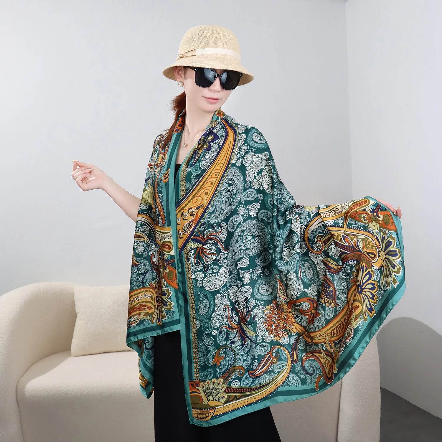 Lake Blue Paisley Pattern Floral Design Women's Satin Silk Scarf