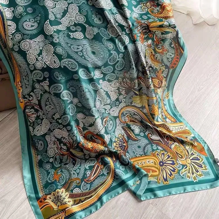 Lake Blue Paisley Pattern Floral Design Women's Satin Silk Scarf