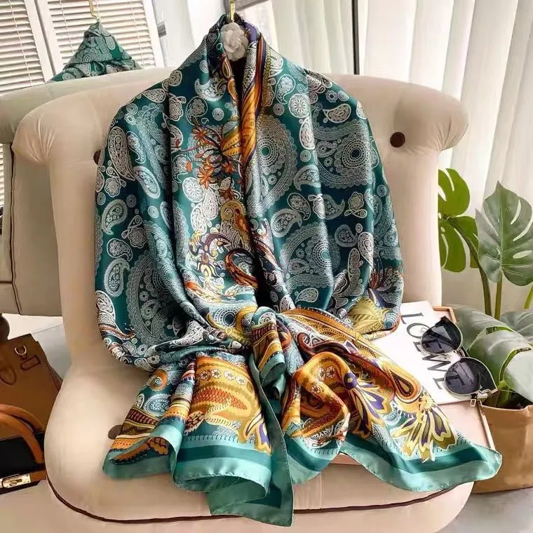 Lake Blue Paisley Pattern Floral Design Women's Satin Silk Scarf