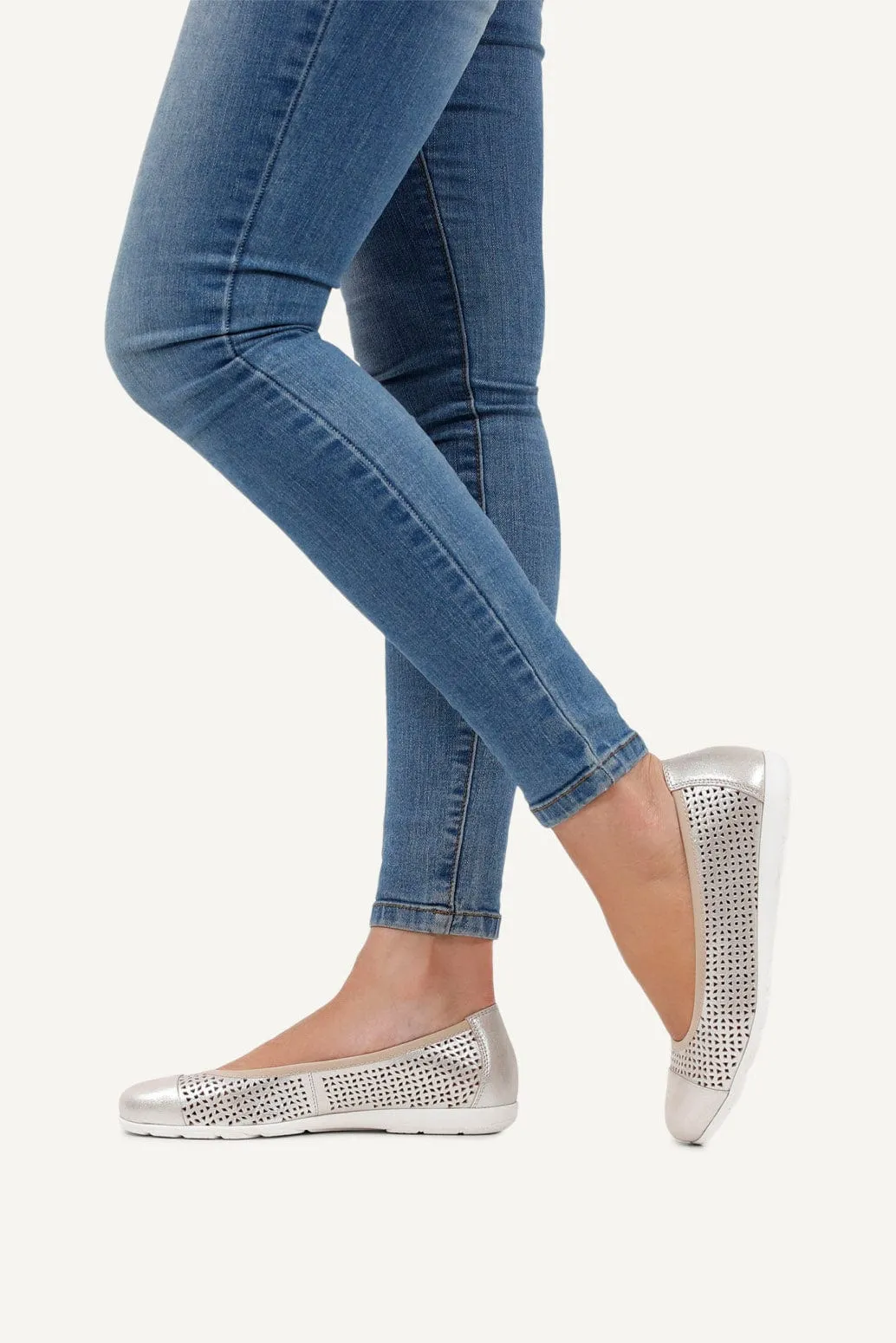 Leather Cut Out Detail Ballerina Shoes - Taupe Metallic