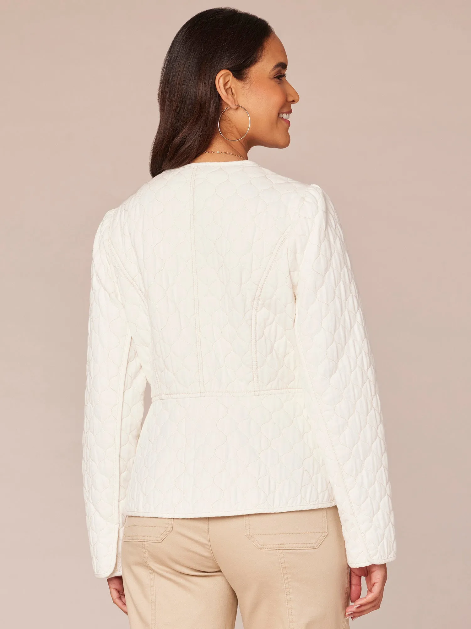 Long Sleeve Zip Front Quilted Peplum Jacket with Piped Edges