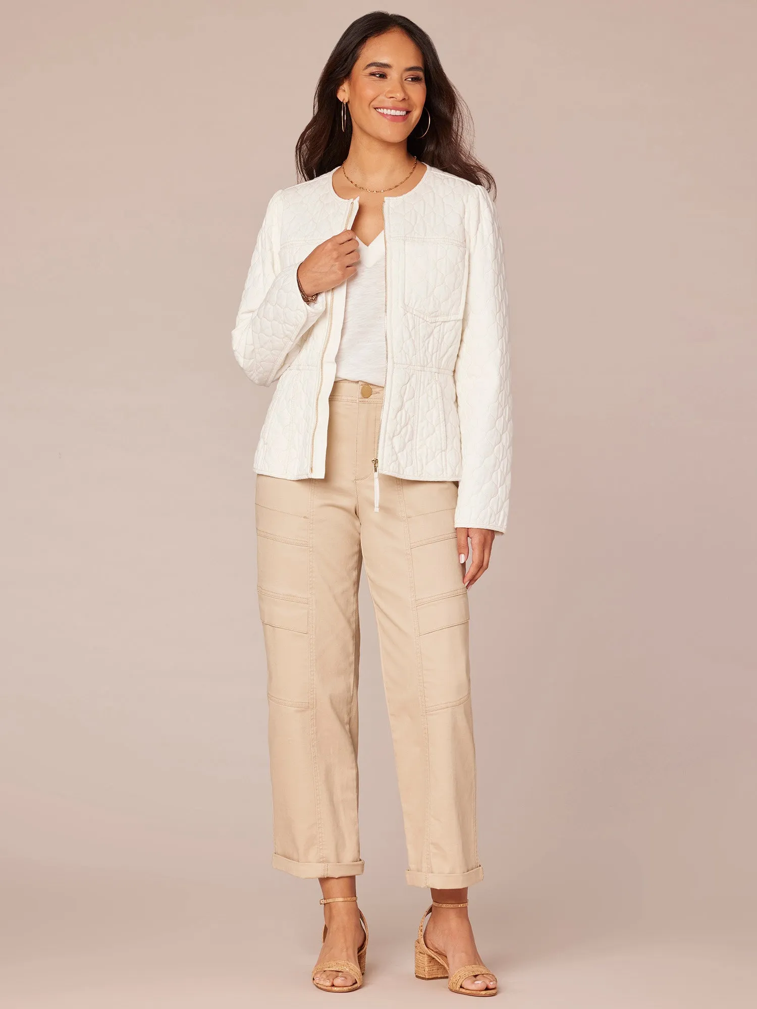 Long Sleeve Zip Front Quilted Peplum Jacket with Piped Edges