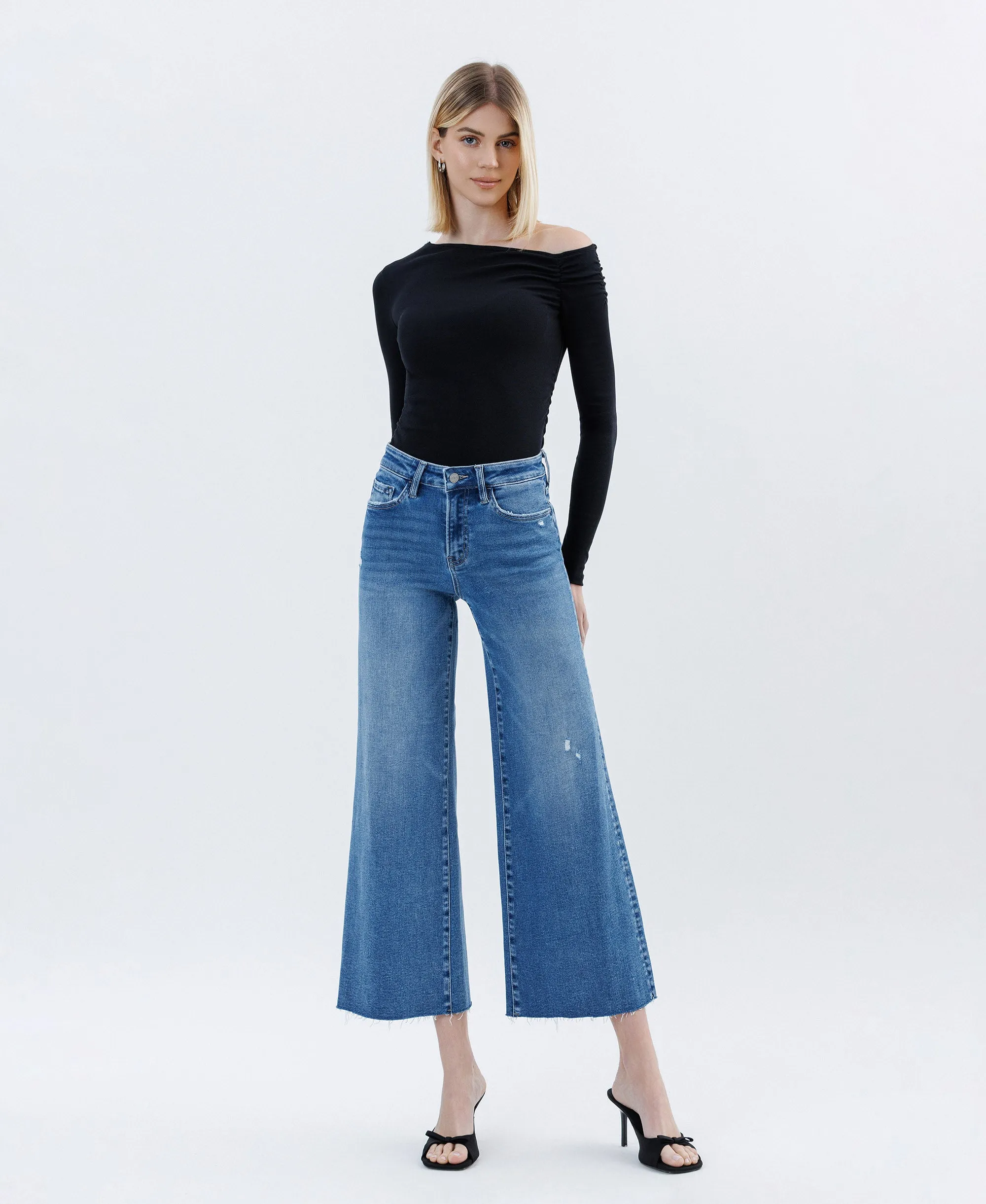 Matchless - High Rise Raw Hem Ankle Wide Leg Jeans