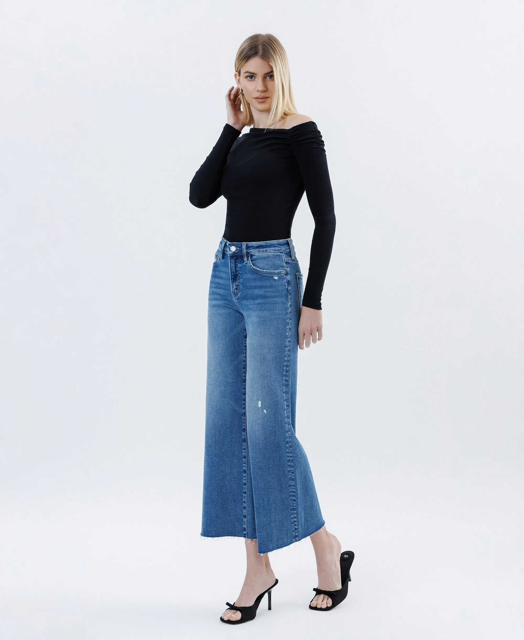 Matchless - High Rise Raw Hem Ankle Wide Leg Jeans