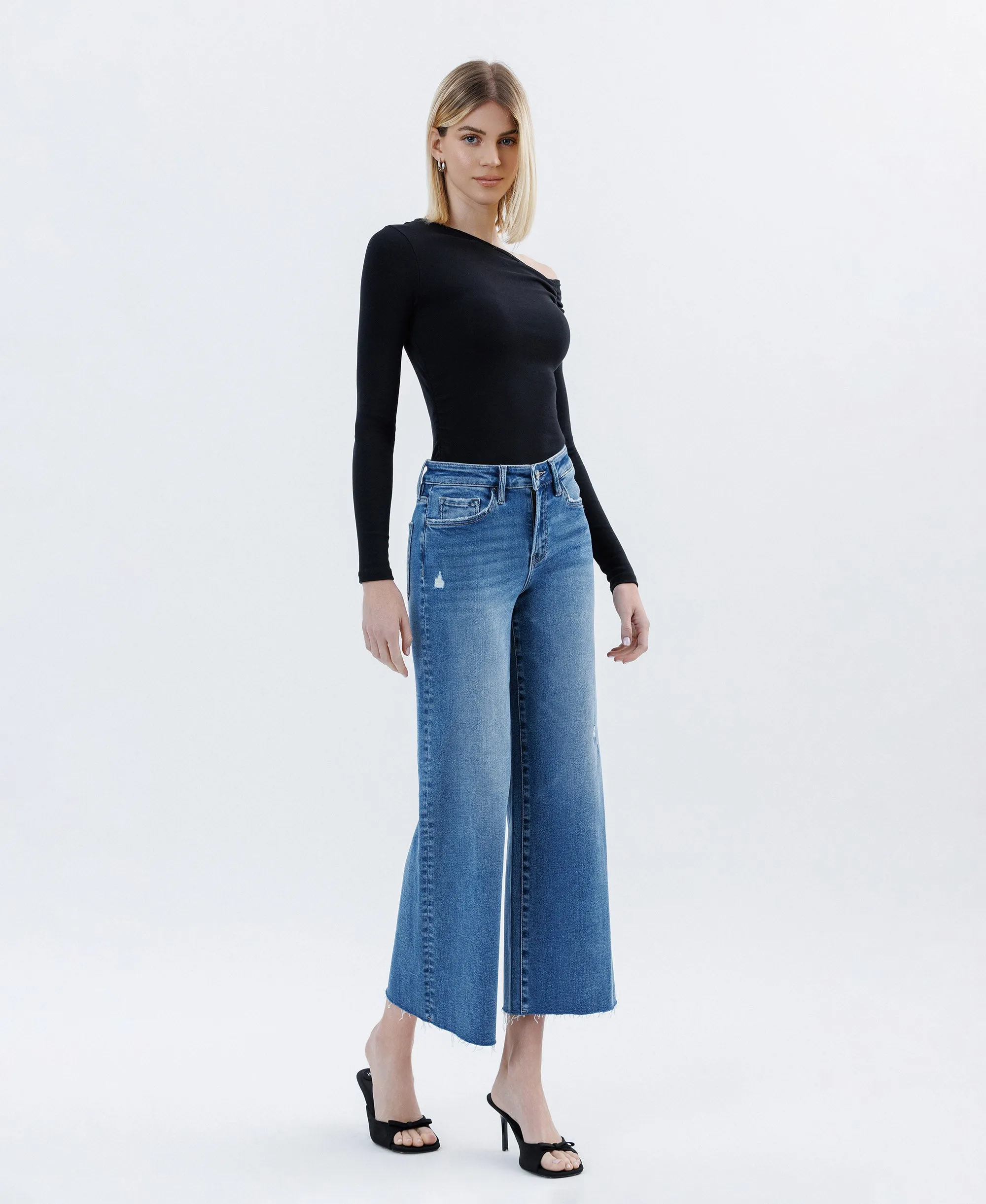 Matchless - High Rise Raw Hem Ankle Wide Leg Jeans