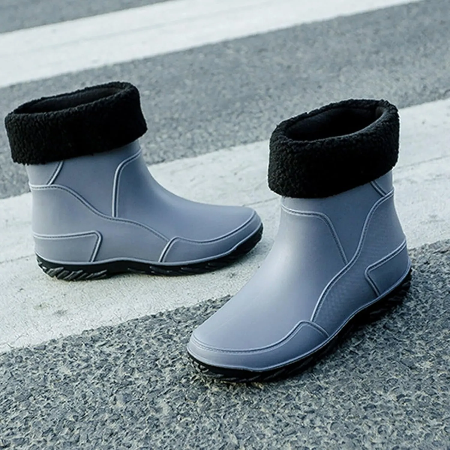 Men's rain boots, waterproof rain boots, mid-calf, fashionable outer water shoes, velvet for warmth, rubber shoes
