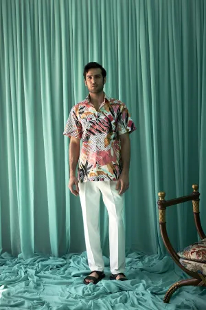 Mens White tropical flora print cord set