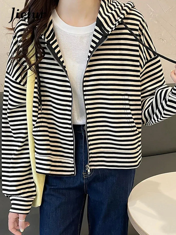 Metaversmall Chic Zipper Female Sweatshirt Hooded Spell Color Black Striped Hoodies Women Autumn Loose Short Jacket Tracksuit M-XL