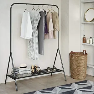 Nathan James Tia Metal Freestanding Clothing Garment Closet Entryway with Hanging Rod and Bottom Shelf or Shoe Storage Rack, Black