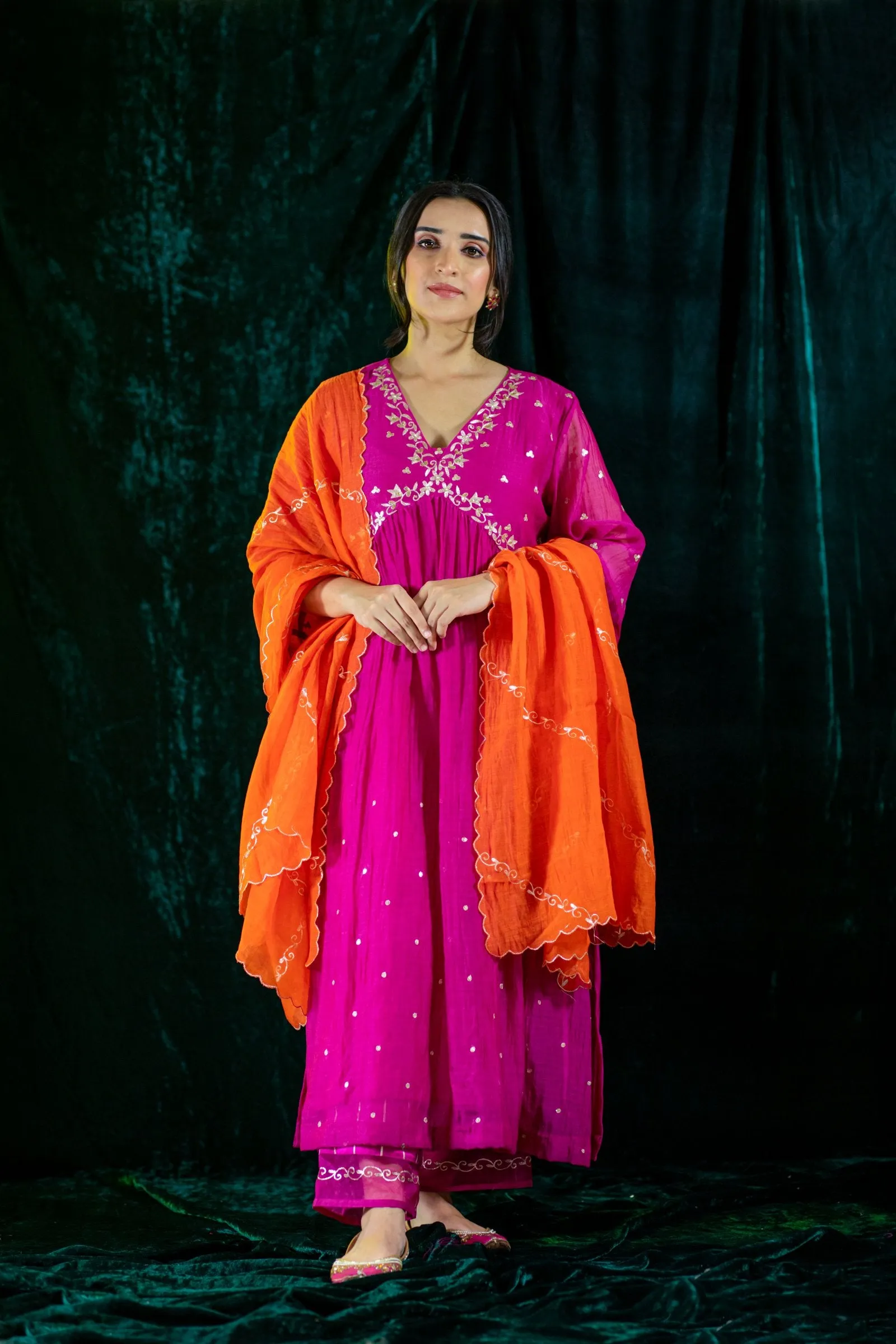 Pink V Neck Kurta Set