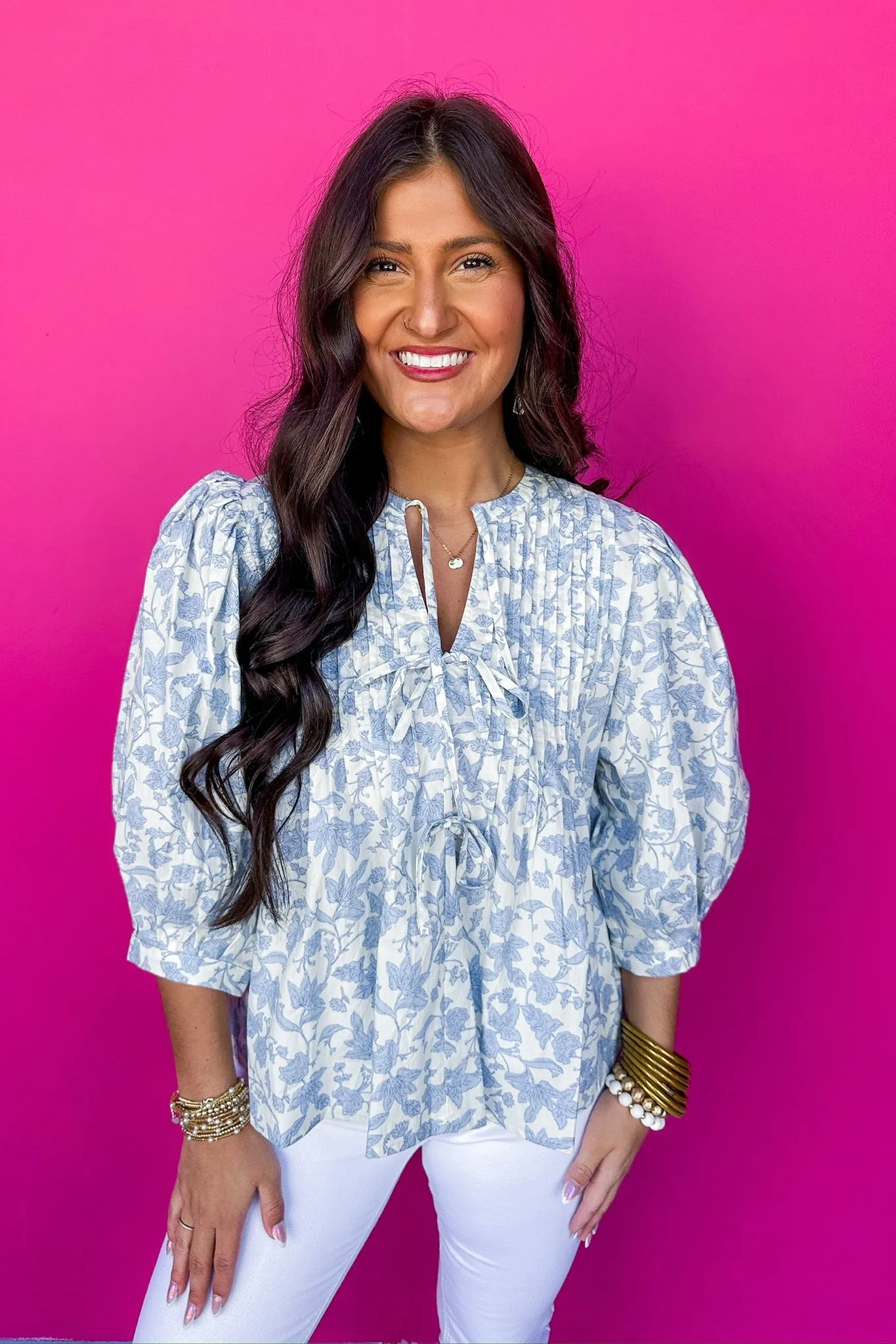 Pleated Front Bow Tie Floral Poplin Top in Blue