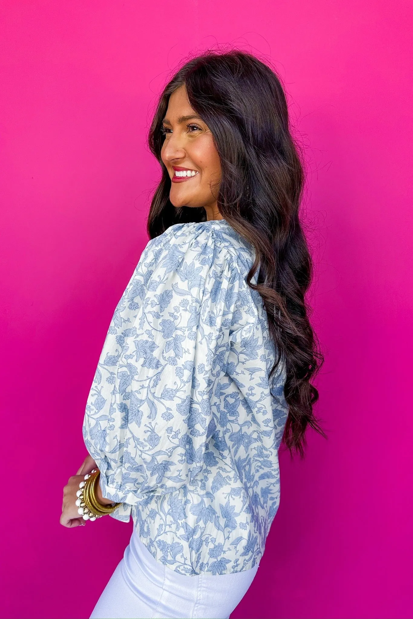 Pleated Front Bow Tie Floral Poplin Top in Blue