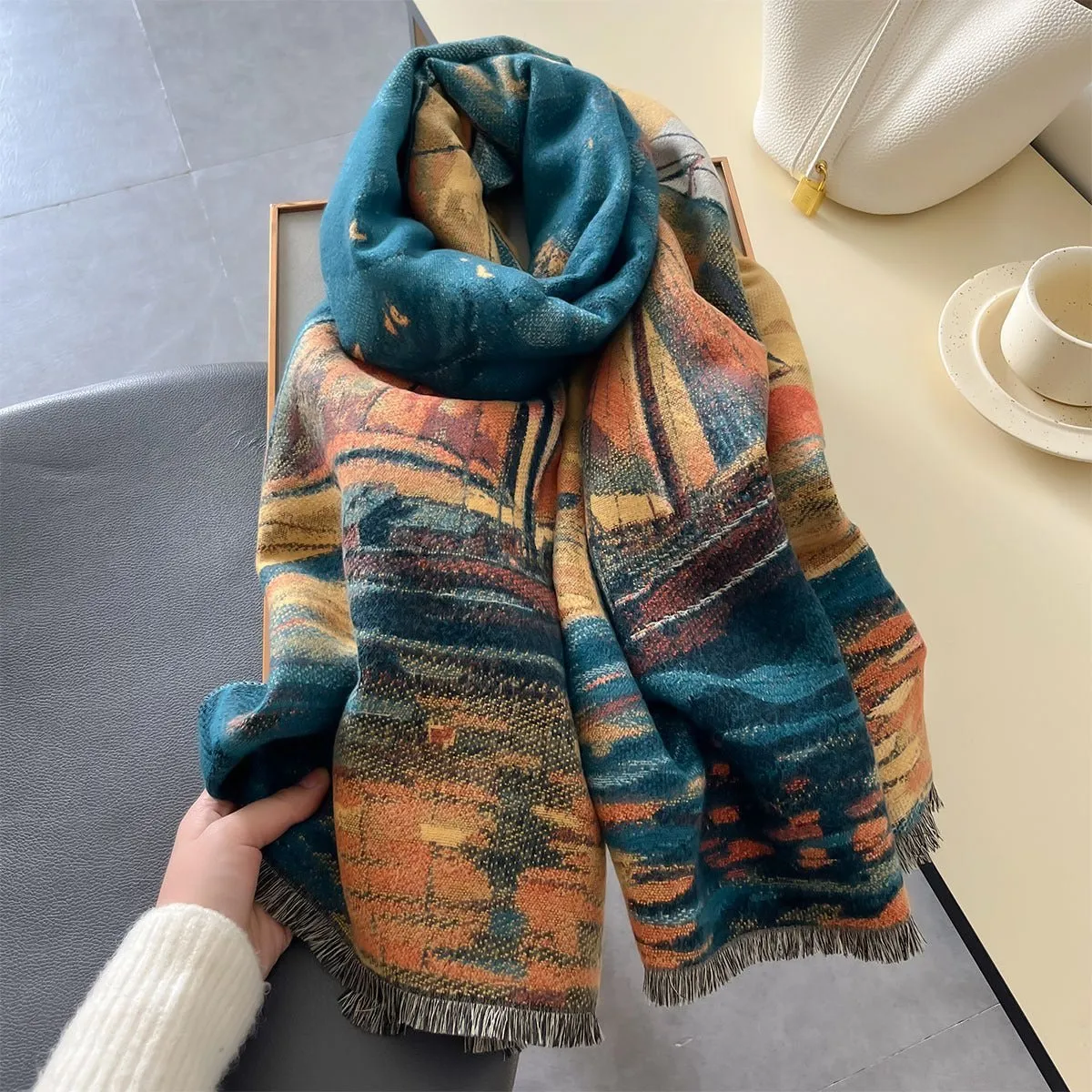 Pure Luxury Sailboat Oil Painting Colorful Women's Winter Shawl