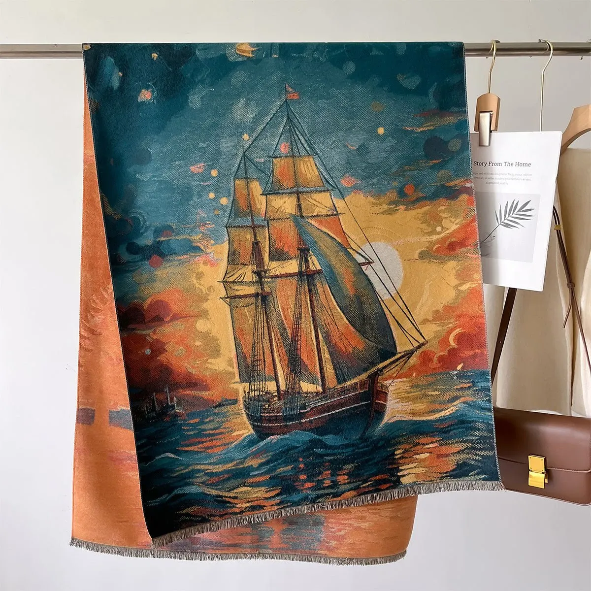 Pure Luxury Sailboat Oil Painting Colorful Women's Winter Shawl