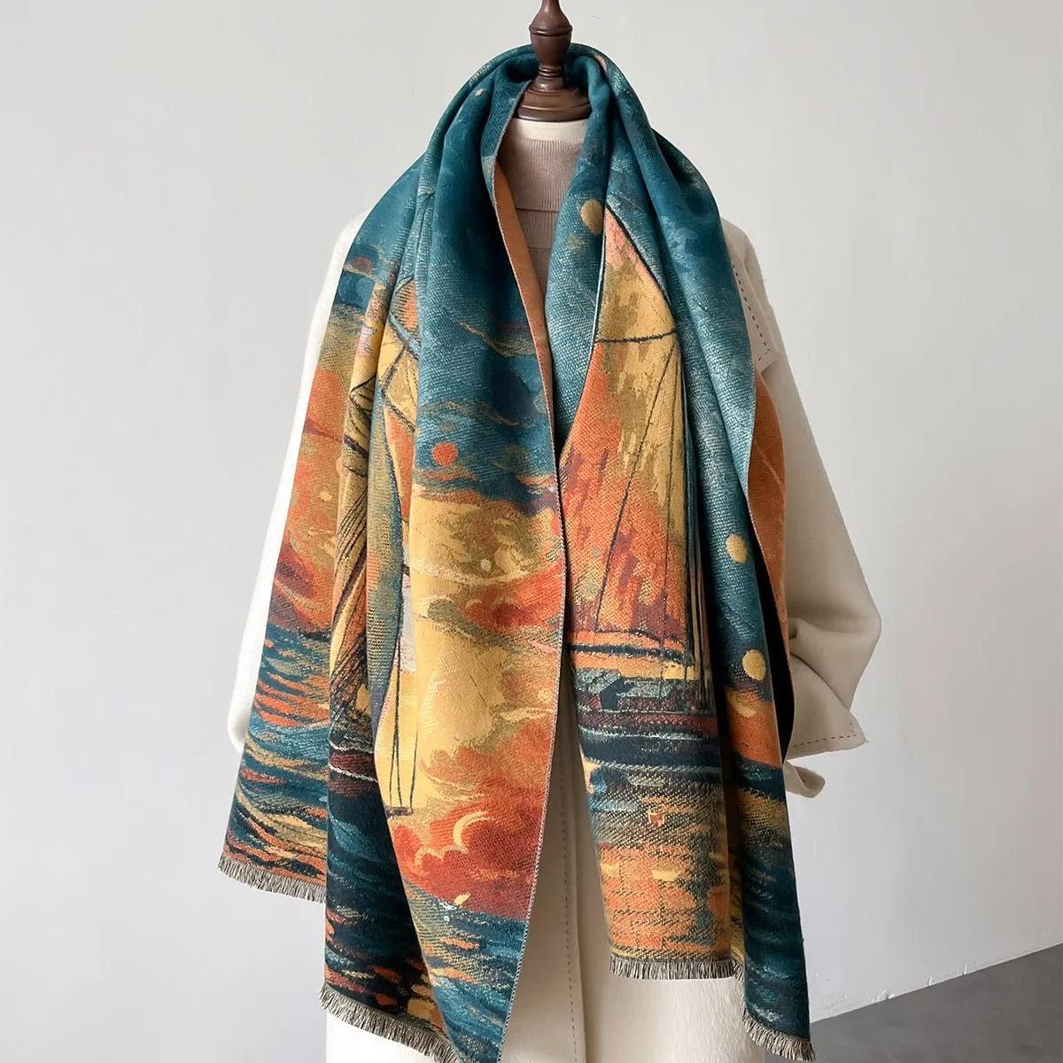 Pure Luxury Sailboat Oil Painting Colorful Women's Winter Shawl