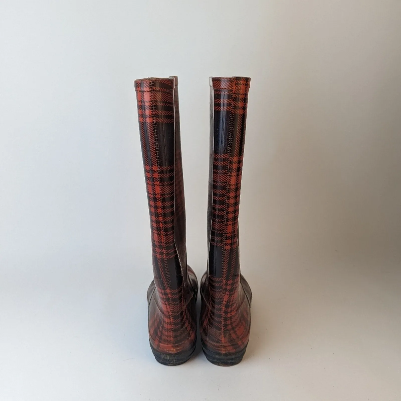 Red Plaid Rain Boots - 9