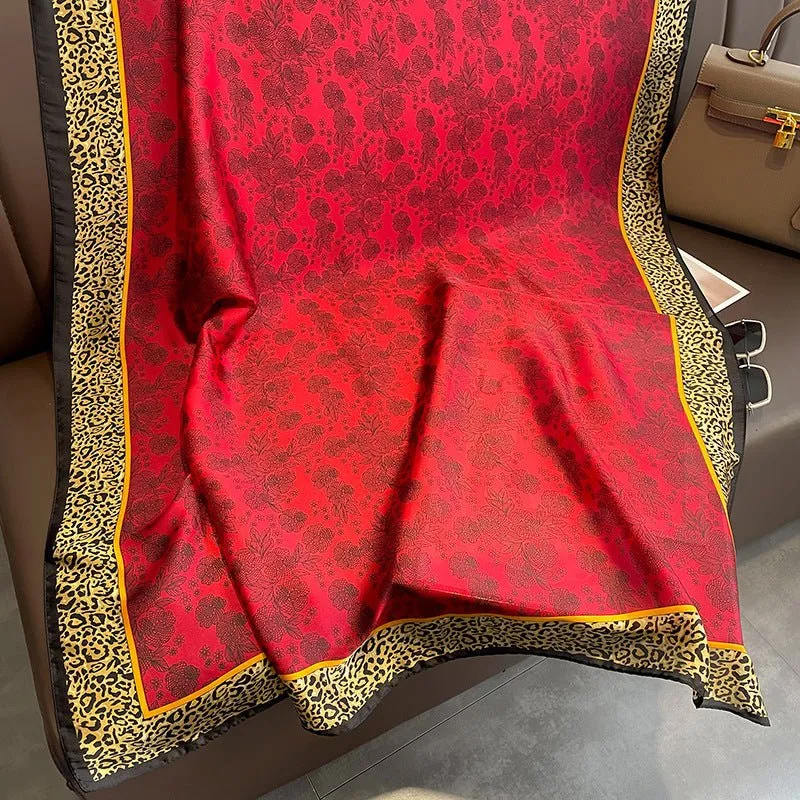Retro Design Leopard Print Luxury Royal Red Long Satin Silk Scarf For Women