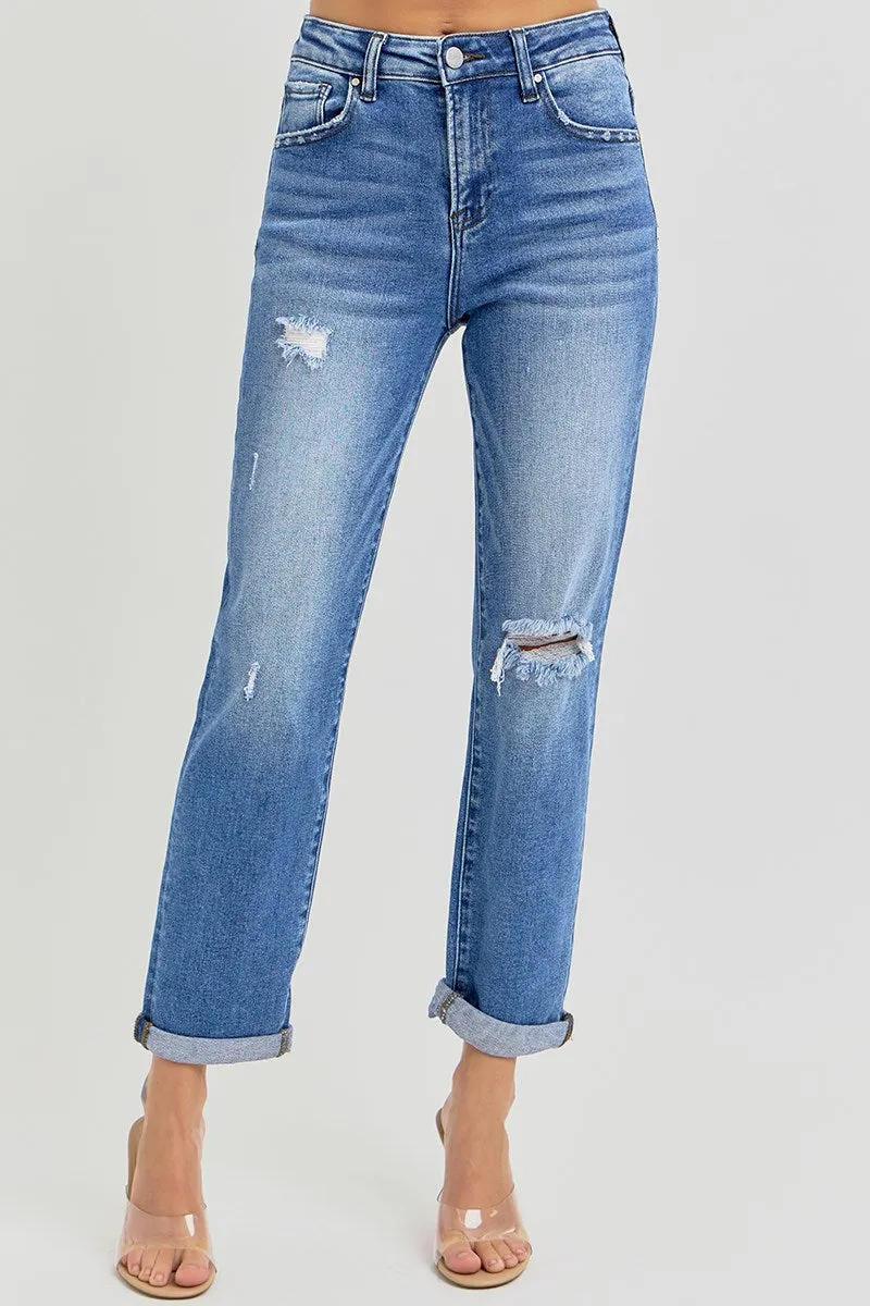 Risen High Rise Crop Girlfriend Roll Up Jeans in Curvy