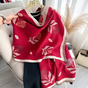 Saffron Red Luxurious Floral Design Women's Winter Shawl